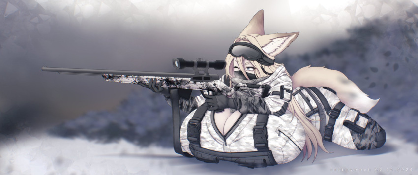animal_humanoid big_breasts blonde_hair blue_eyes breasts cakecatboy camo camo_clothing camo_print canid canid_humanoid canine canine_humanoid cassia_(cakecatboy) cleavage clothed clothing female fox_humanoid gun hair hi_res huge_breasts humanoid hyper hyper_breasts lying mammal mammal_humanoid military on_front one_eye_closed pattern_clothing ranged_weapon rifle shadow sniper_rifle soldier solo tail thick_thighs warrior weapon