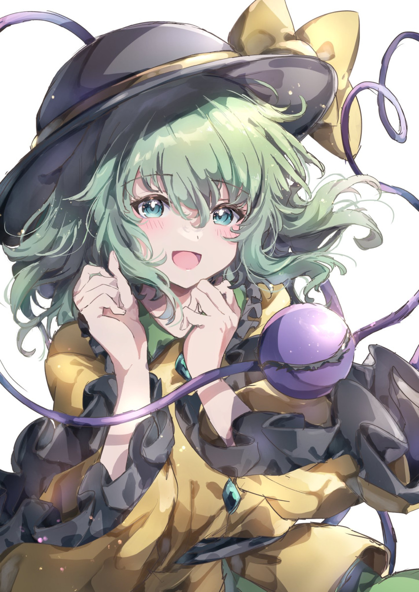 1girl black_headwear blouse blue_eyes bow buttons diamond_button eyeball frilled_shirt_collar frilled_sleeves frills green_hair green_skirt hat hat_bow hat_ribbon heart heart_of_string highres holding komeiji_koishi nanop38 open_mouth ribbon shirt skirt solo third_eye touhou white_background wide_sleeves yellow_bow yellow_ribbon yellow_shirt