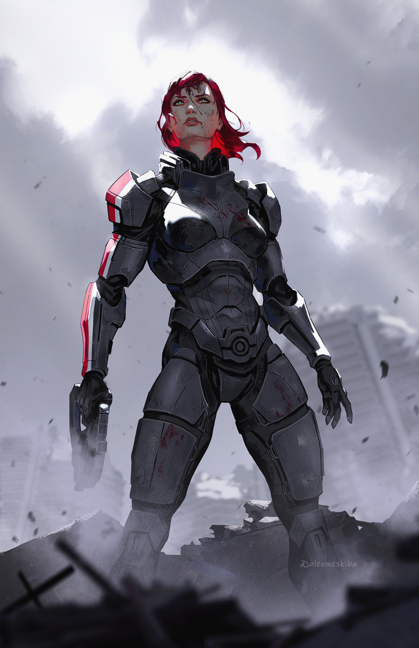 1girl aleksandra_skiba armor black_gloves blood blood_from_mouth blood_on_face blood_on_leg breasts commander_shepard commander_shepard_(female) english_commentary floating_hair gloves green_eyes gun highres holding holding_gun holding_weapon looking_up m-6_carnifex mass_effect_(series) mass_effect_3 medium_breasts medium_hair n7_armor open_hand parted_lips power_armor red_hair ruins solo weapon