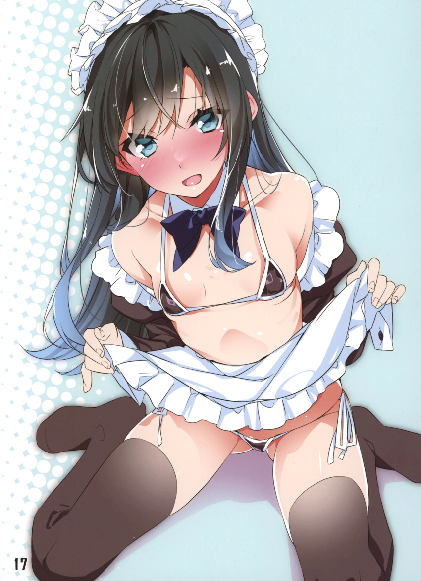 1girl absurdres alternate_costume apron apron_lift aqua_background asashio_(kancolle) bare_shoulders bikini black_bikini black_hair black_thighhighs blue_eyes blush bow bowtie breasts clothes_lift collarbone covered_nipples detached_collar enmaided frills halftone halftone_background highres kantai_collection long_hair looking_at_viewer maid maid_apron maid_headdress micro_bikini mtu_(orewamuzituda) non-web_source open_mouth page_number scan side-tie_bikini_bottom sitting small_breasts smile solo swimsuit thighhighs unconventional_maid waist_apron wariza white_apron