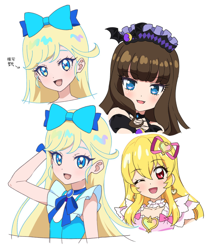 3girls :d ;d aikatsu! aikatsu!_(series) arm_behind_head arm_up blonde_hair blue_bow blue_eyes blue_ribbon bow brown_hair cropped_torso dolldolldd hair_bow hair_ribbon highres himitsu_no_aipri hoshikawa_mitsuki hoshimiya_ichigo kurosu_aroma long_hair looking_at_viewer multiple_girls multiple_views neck_ribbon one_eye_closed open_mouth pink_ribbon pretty_series pripara red_eyes ribbon simple_background smile upper_body white_background