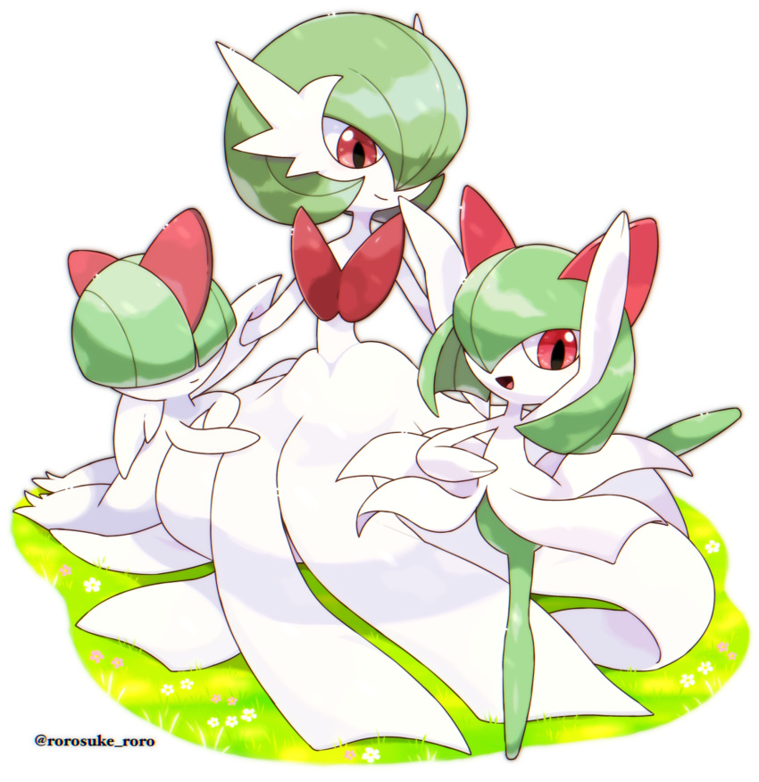 arm_up bob_cut colored_skin dress gardevoir grass green_hair hair_over_eyes hair_over_one_eye highres kirlia mega_gardevoir multicolored_skin pink_eyes pokemon pokemon_(creature) ralts rorosuke simple_background smile two-tone_skin white_background white_dress white_skin