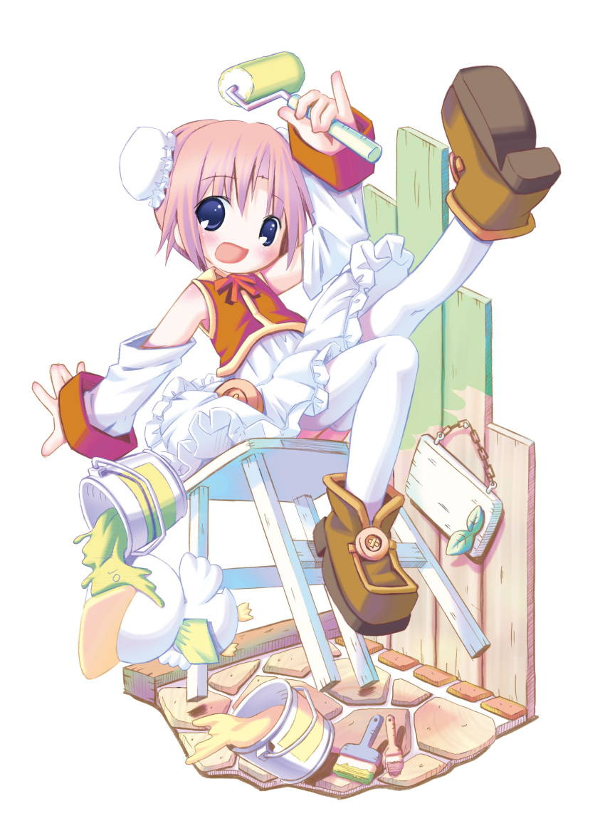 1girl :d absurdres ah-kun blue_eyes chair full_body highres loafers looking_at_viewer moetan nijihara_ink open_mouth pink_hair pop_(electromagneticwave) shoes short_hair simple_background sitting smile solo thighhighs white_background white_thighhighs