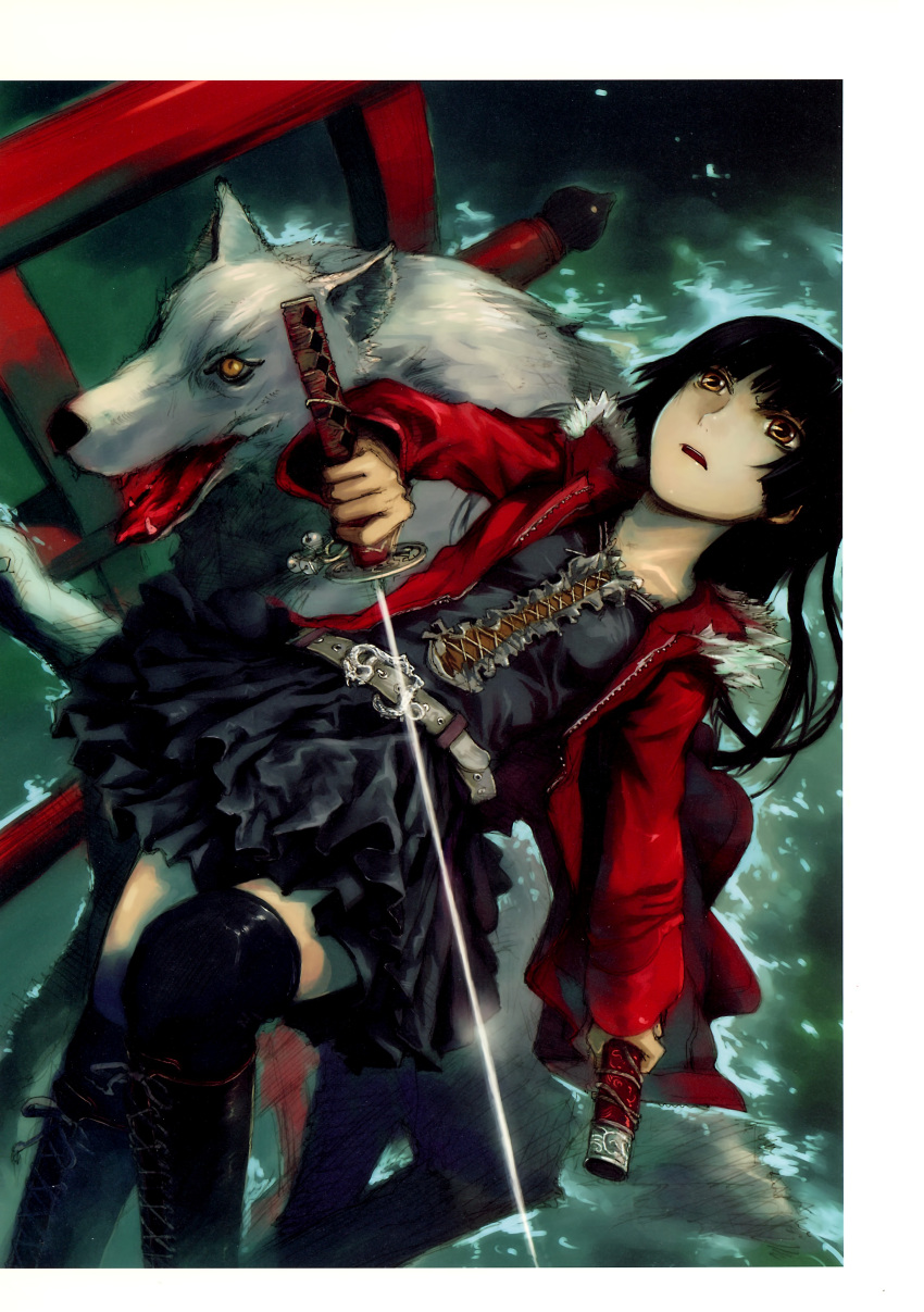1girl abe_yoshitoshi absurdres black_dress black_hair black_thighhighs brown_eyes dress highres holding holding_sword holding_weapon jacket long_hair looking_up lying non-web_source on_back open_mouth original red_jacket solo sword thighhighs torii water weapon wolf