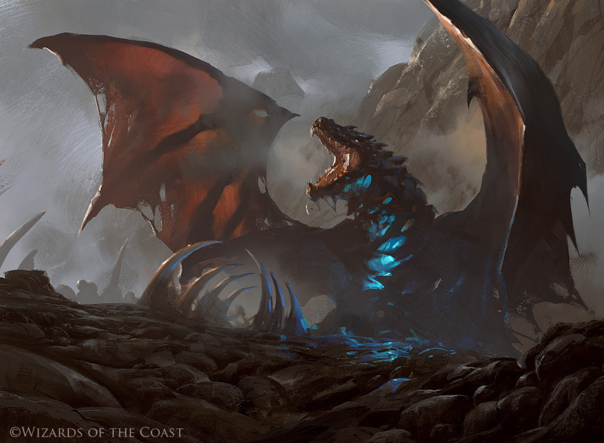 animal_focus boneyard_scourge cloud commentary company_name dragon english_commentary fantasy glowing greg_rutkowski grey_sky hollow_body magic:_the_gathering no_humans official_art open_mouth outdoors overcast painterly realistic ribs rock sharp_teeth sky solo teeth torn_wings western_dragon wings