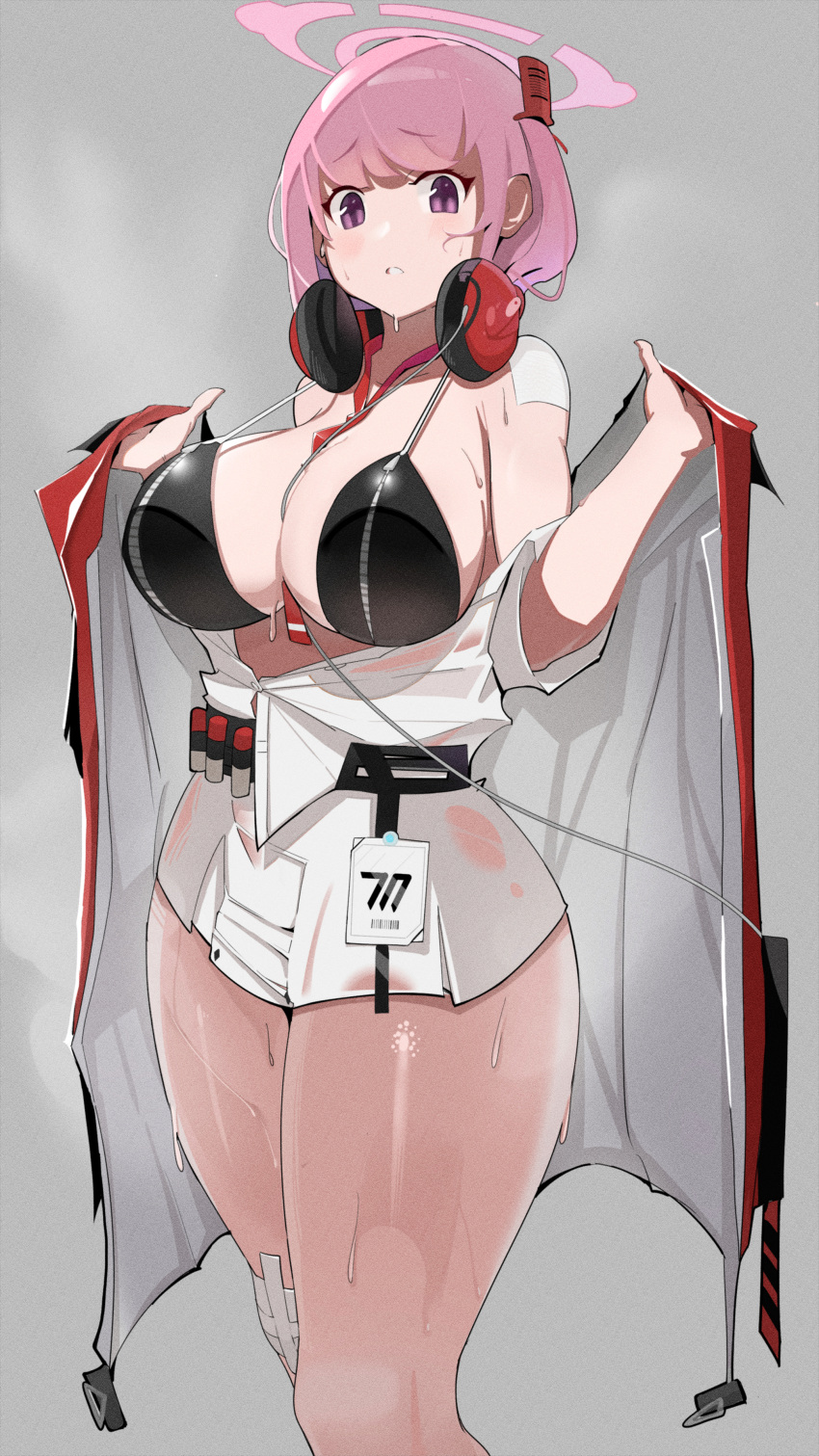 1girl absurdres bandaid bandaid_on_shoulder between_breasts bikini black_bikini blue_archive bra breasts cleavage eimi_(blue_archive) grey_background halo headphones headphones_around_neck highres jacket large_breasts looking_at_viewer necktie necktie_between_breasts off_shoulder open_clothes open_jacket parted_lips partially_undressed pink_eyes pink_hair pink_halo see-through simple_background solo steam steaming_body sweat sweaty_clothes swimsuit thighs underwear zhaod zipper_bikini