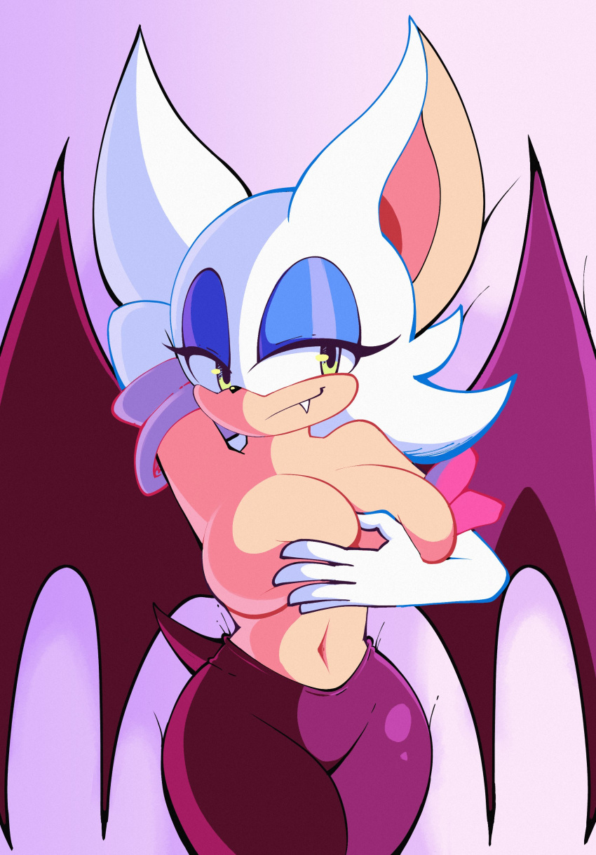 absurd_res anthro armwear bat big_breasts breasts choobsters clothing covering covering_breasts elbow_gloves eyeshadow female fur gloves handwear hi_res makeup mammal narrowed_eyes navel rouge_the_bat sega simple_background solo sonic_the_hedgehog_(series) white_body white_fur wings