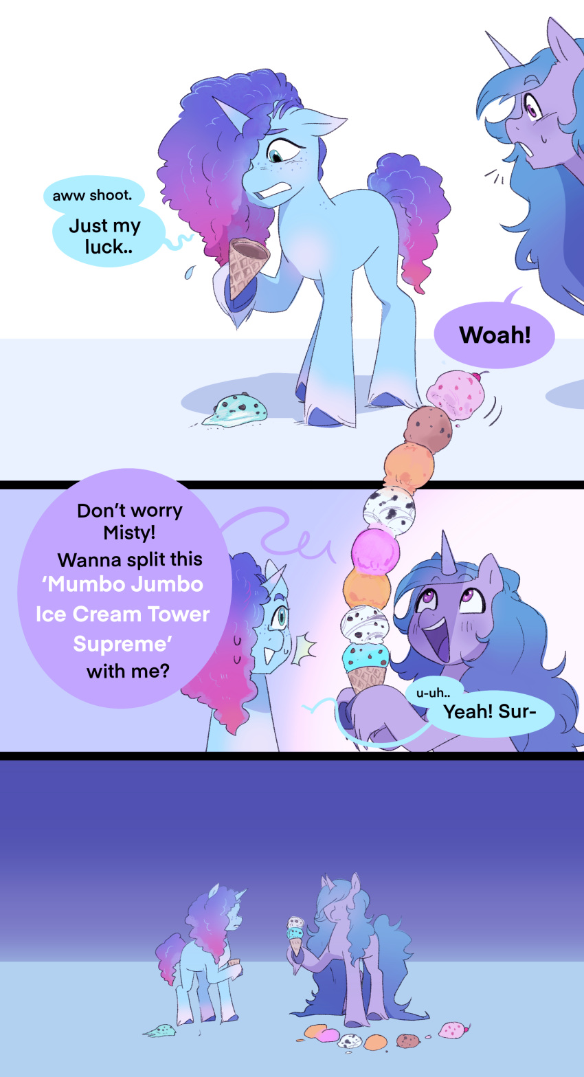 absurd_res aztrial cherry comic dessert dialogue duo english_text equid equine fail female food fruit hasbro hi_res hooves horn ice_cream ice_cream_cone izzy_moonbow_(mlp) mammal misty_brightdawn_(mlp) mlp_g5 my_little_pony mythological_creature mythological_equine mythology open_mouth open_smile plant smile text unicorn