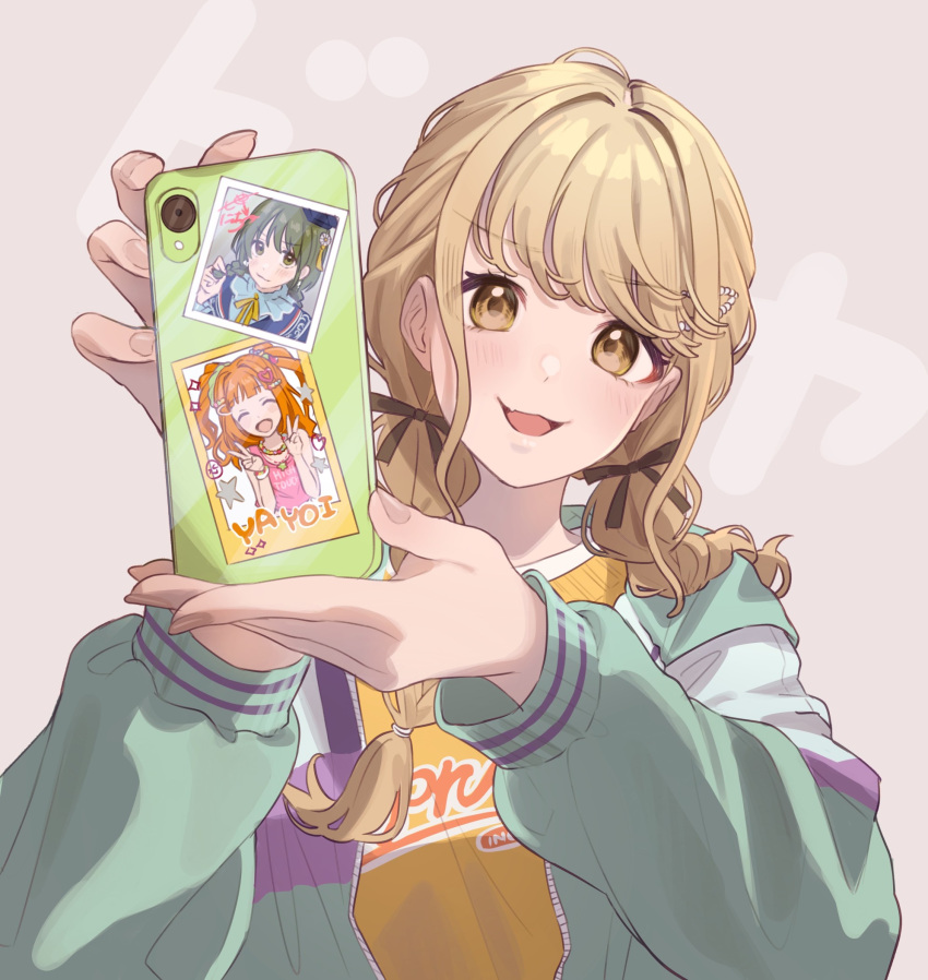 1girl blonde_hair blush braid cellphone fingernails fujita_kotone gakuen_idolmaster hair_ribbon head_tilt highres holding holding_phone idolmaster idolmaster_(classic) idolmaster_shiny_colors jacket looking_at_viewer multicolored_clothes multicolored_jacket nanakusa_nichika phone photo_(object) ribbon shirt simple_background smile solo takatsuki_yayoi tanupon twin_braids upper_body yellow_shirt