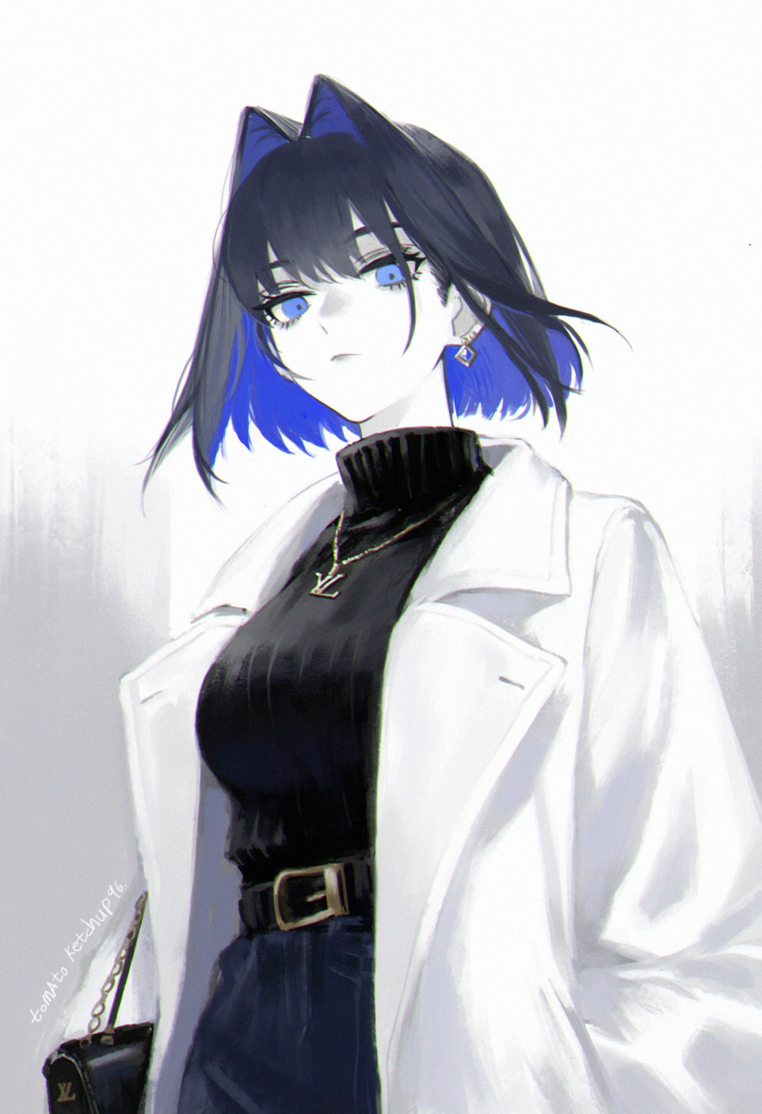 1girl alternate_costume artist_name bag belt black_belt black_hair black_sweater blue_eyes blue_hair breasts coat colored_inner_hair denim earrings english_commentary hair_intakes handbag highres hololive hololive_english jeans jewelry large_breasts long_sleeves looking_at_viewer multicolored_hair necklace open_clothes open_coat ouro_kronii pants short_hair solo sweater tomatoketchup96 turtleneck turtleneck_sweater virtual_youtuber white_coat