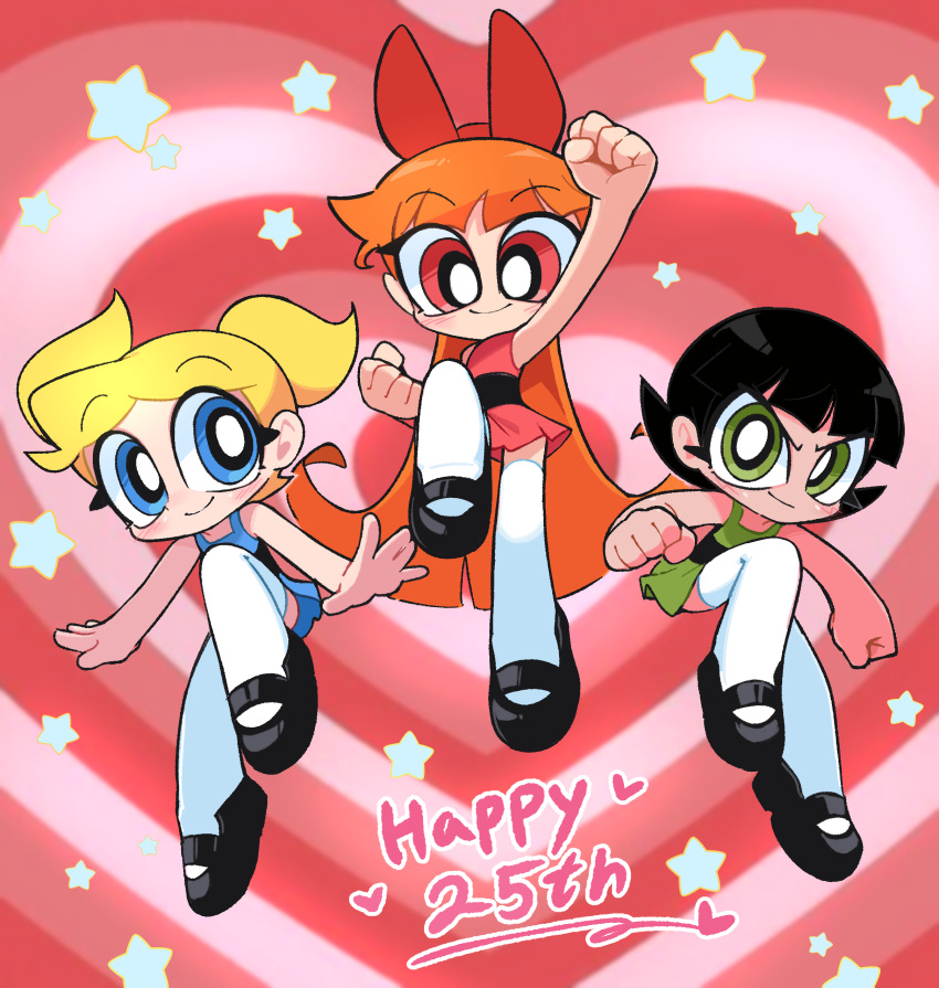 3girls absurdres alternate_legwear anniversary black_hair blonde_hair blossom_(ppg) blue_eyes blush bow bubbles_(ppg) buttercup_(ppg) dress eyelashes green_eyes hair_bow heart heart_background highres kim_crab long_hair looking_at_viewer mary_janes multiple_girls orange_hair pink_background pink_eyes powerpuff_girls redrawn shoes short_dress short_hair smile star_(symbol) thighhighs twintails very_long_hair