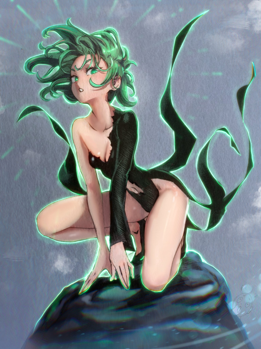 1girl black_dress breasts cleavage colorized dress floating_clothes green_eyes green_hair hehevich highres knee_up long_sleeves looking_at_viewer navel one-punch_man parted_lips rock shiny_skin solo tatsumaki teeth third-party_edit torn_clothes torn_dress