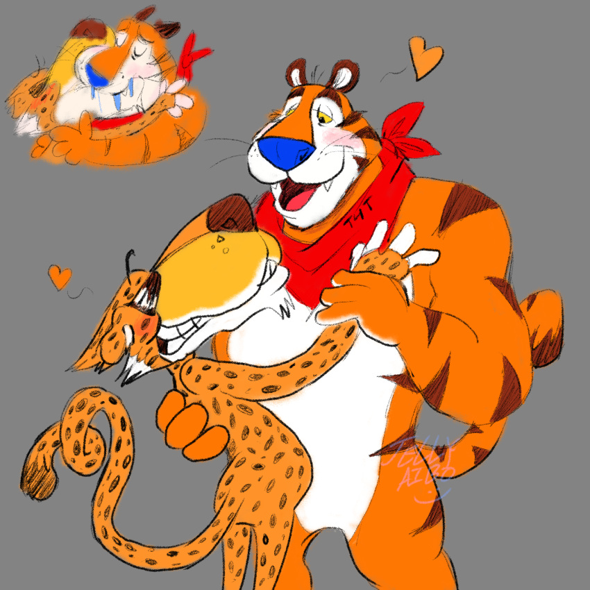 anthro blush bodily_fluids cheetah cheetos chester_cheetah duo eyewear felid feline french_kissing frosted_flakes heart_symbol hi_res jellyaibo kellogg's kissing male male/male mammal mascot pantherine saliva smile sunglasses tiger tony_the_tiger