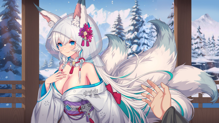 1girl animal_ear_fluff animal_ears breasts bride cleavage clover_theater colored_inner_hair forest fox_ears fox_girl fox_tail green_hair highres japanese_clothes katsuya_(clover_theater) kimono kitsune kyuubi large_breasts long_hair looking_at_viewer mole mole_on_neck mountain multicolored_hair multiple_tails nairobi_song nature pov shiromuku smile snow solo_focus tail tree uchikake white_hair white_kimono white_tail