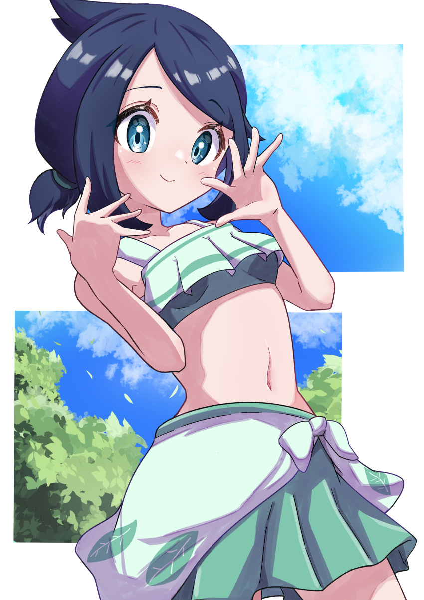 1girl absurdres bare_arms bikini black_hair blue_eyes blue_sky blush border closed_mouth frilled_bikini frills green_bikini highres liko_(pokemon) looking_at_viewer medium_hair navel outside_border pokemon pokemon_(anime) pokemon_horizons rono_(lethys) sarong sky smile solo swimsuit tree waving white_border