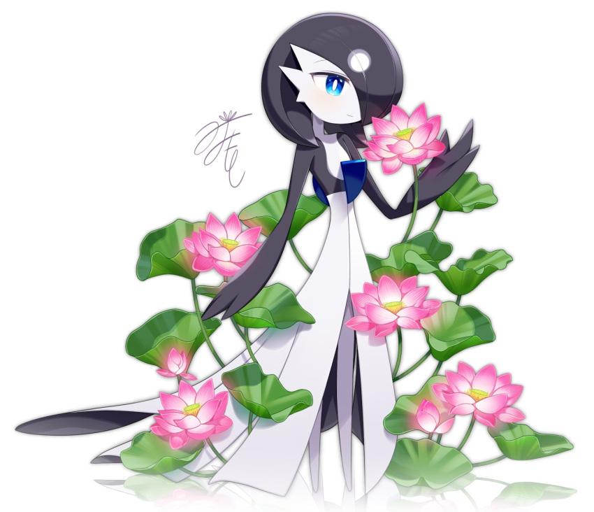 1other alternate_color black_hair black_skin blue_eyes blue_skin colored_skin flower full_body gardevoir highres lotosu lotus multicolored_skin pokemon pokemon_(creature) signature simple_background smile solo white_background white_skin