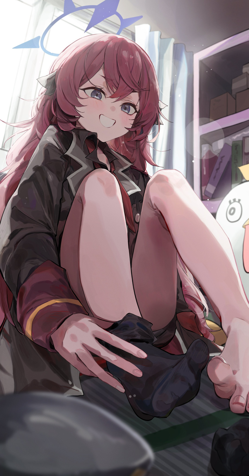 1girl absurdres ass black_coat black_socks blanc_(whit_blanc) blue_archive coat commentary_request grey_eyes grin hair_between_eyes halo highres indoors iroha_(blue_archive) long_hair long_sleeves purple_halo red_hair smile socks solo undressing