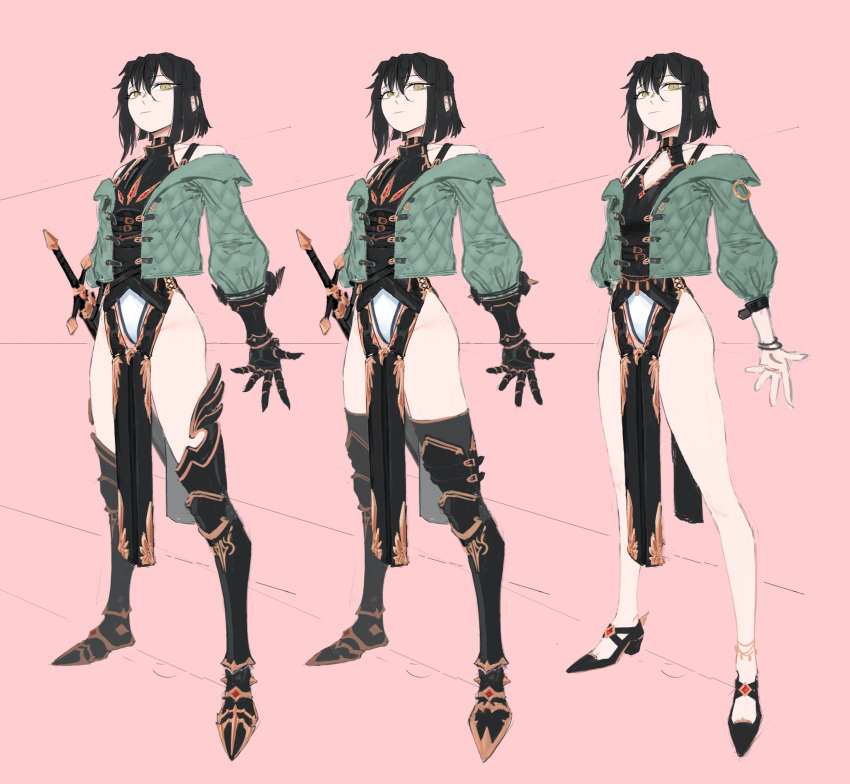 1girl absurdres black_dress black_hair black_thighhighs bracelet character_request check_character closed_mouth cropped_jacket crotch_cutout dress green_jacket halfbakelim highleg highleg_dress highres jacket jewelry leg_armor leotard looking_at_viewer multiple_views original pink_background short_hair simple_background standing sword thighhighs weapon white_leotard yellow_eyes
