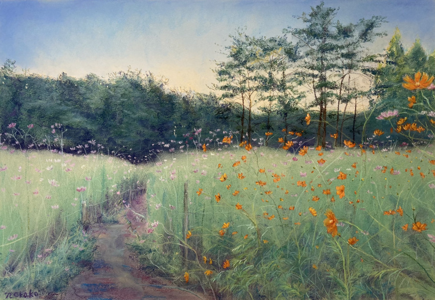 blue_sky cosmos_(flower) fence_post flower grass highres morning no_humans norako_pastel orange_flower orange_sky original painting_(medium) path purple_flower rope_fence scenery sky sunlight sunrise tall_grass traditional_media tree