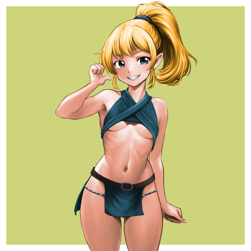 1girl arm_at_side bare_arms bare_shoulders blonde_hair breasts cowboy_shot grin hand_up highres loincloth medium_breasts midriff minamoto80486 navel ponytail ringed_eyes short_hair sidelocks smile solo teeth thighs thumbs_up underboob white_eyes wizardry