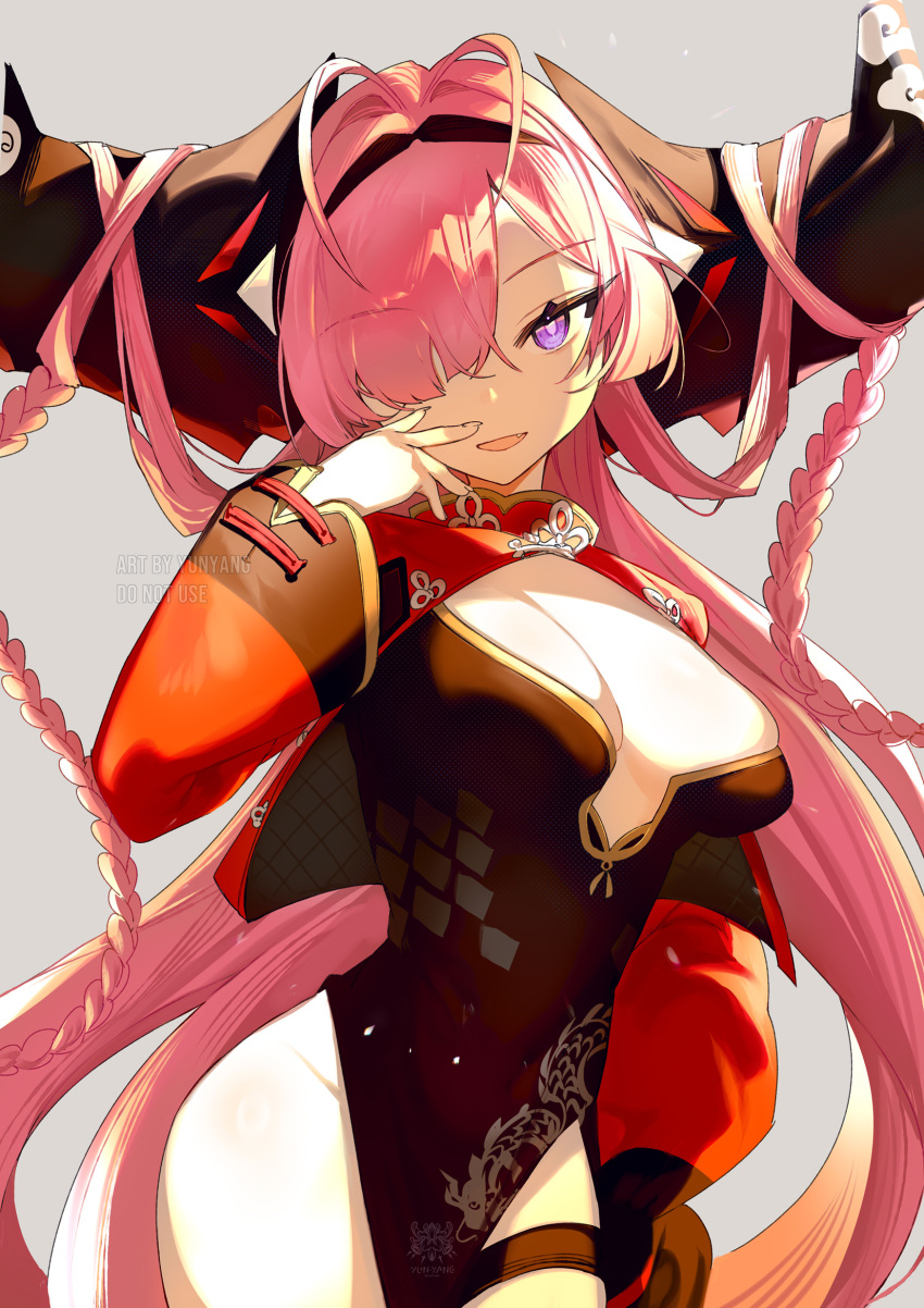 1girl antenna_hair azur_lane braid breasts china_dress chinese_clothes covered_navel cropped_jacket dress fang grey_background hair_on_horn hair_over_one_eye highres jacket large_horns long_hair long_sleeves looking_at_viewer medium_breasts official_alternate_costume open_mouth pelvic_curtain pink_hair prinz_rupprecht_(azur_lane) prinz_rupprecht_(the_gate_dragon_advent)_(azur_lane) purple_eyes red_jacket simple_background smile solo thigh_strap very_long_hair yun-yang