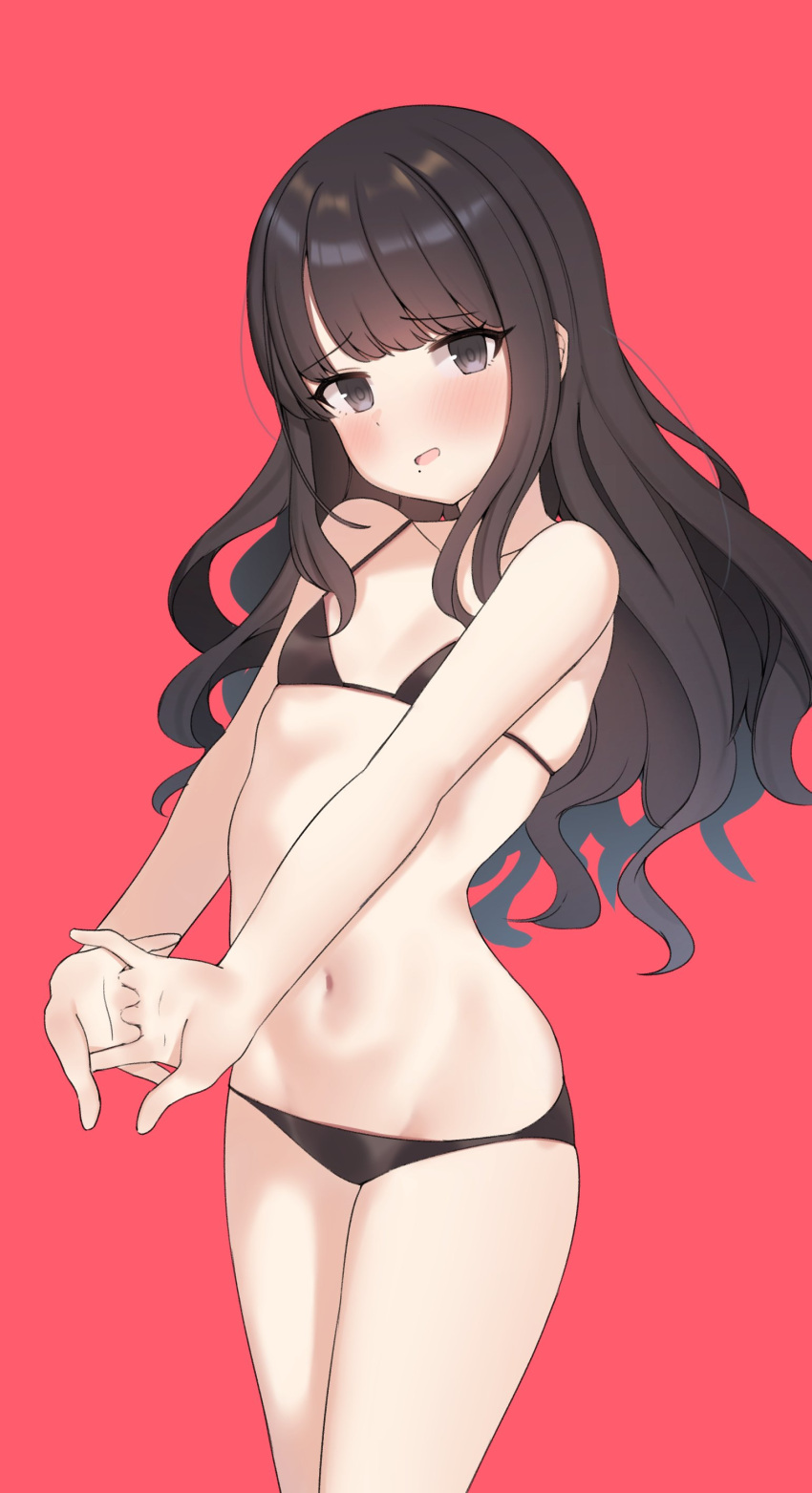 1girl aa211108 absurdres bikini black_bikini black_hair blush breasts collarbone highres idolmaster idolmaster_shiny_colors interlocked_fingers kazano_hiori long_hair looking_at_viewer mole mole_under_mouth navel own_hands_together pink_background simple_background small_breasts solo stomach stretching swimsuit very_long_hair
