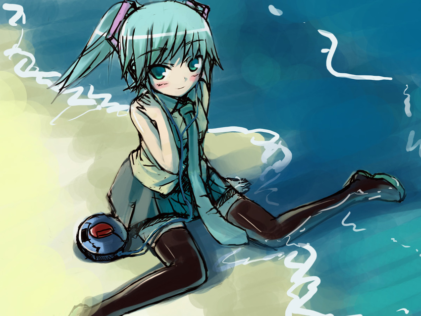 aqua_hair bad_id bad_pixiv_id beach earphones green_eyes hatsune_miku necktie sitting skirt solo thighhighs tuanzi twintails vocaloid