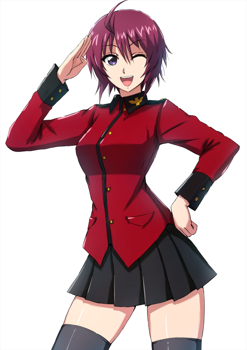 1girl ahoge black_jacket black_skirt black_thighhighs buttoned_cuffs buttons collared_jacket commentary cowboy_shot girls_und_panzer gundam gundam_seed gundam_seed_destiny hair_between_eyes hand_on_own_hip hands_on_own_hips highres jacket long_sleeves looking_at_viewer lunamaria_hawke military_uniform miniskirt multicolored_clothes multicolored_jacket omachi_(slabco) one_eye_closed open_mouth plaid plaid_skirt pleated_skirt purple_eyes red_hair red_jacket salute short_hair simple_background skindentation skirt smile solo st._gloriana's_military_uniform standing thighhighs two-tone_jacket uniform white_background zettai_ryouiki
