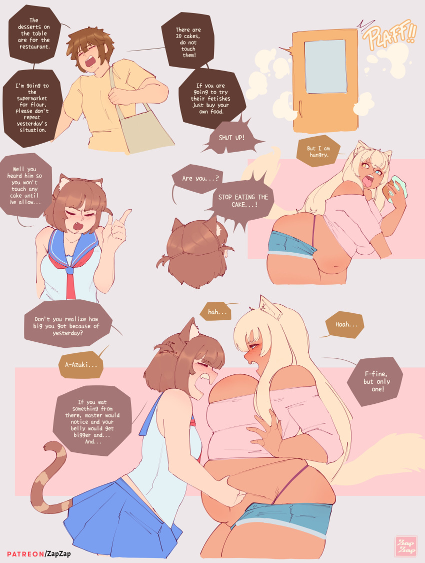 absurd_res animal_humanoid azuki_(sayori) big_breasts blonde_hair blush bottomwear breasts brown_hair cat_humanoid cleavage clothed clothing coconut_(sayori) comic dark_body dark_skin dialogue eating felid felid_humanoid feline feline_humanoid female group hair hi_res huge_breasts huge_thighs human humanoid long_hair mammal mammal_humanoid markings nekopara overweight overweight_female overweight_humanoid shirt short_hair shorts sibling_(lore) sister_(lore) sisters_(lore) skirt speech_bubble striped_markings striped_tail stripes tail tail_markings text thick_thighs topwear trio url watermark weight_gain zap_g8