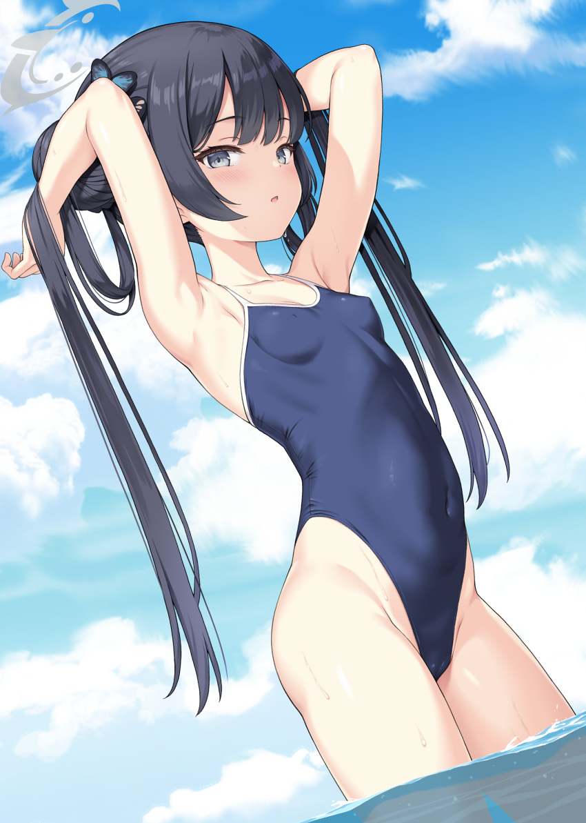 1girl :o alternate_costume armpits arms_behind_head arms_up bare_arms bare_shoulders black_hair blue_archive blue_one-piece_swimsuit blush braid braided_bun breasts butterfly_hair_ornament cameltoe collarbone commentary_request competition_school_swimsuit covered_navel covered_nipples cowboy_shot double-parted_bangs double_bun from_side grey_eyes groin hair_bun hair_ornament halo hands_in_hair highleg highleg_swimsuit highres kisaki_(blue_archive) linea_alba long_hair looking_at_viewer one-piece_swimsuit paid_reward_available parted_lips presenting_armpit revision school_swimsuit shiny_skin simple_background skin_tight small_breasts solo standing straight_hair sweat swimsuit thighs variant_set very_long_hair white_background yamasan