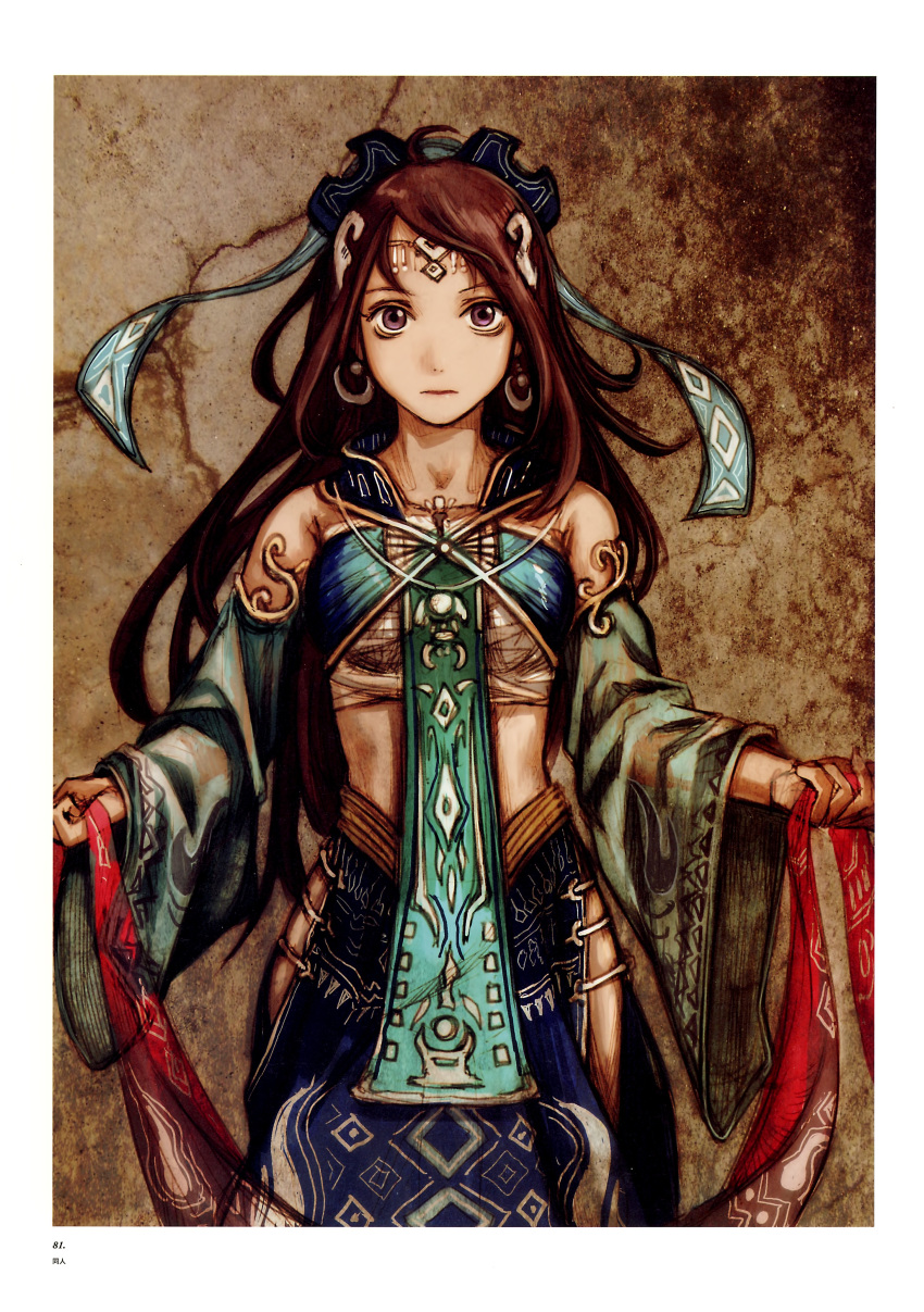 1girl abe_yoshitoshi absurdres bare_shoulders border brown_eyes brown_hair closed_mouth detached_sleeves earrings expressionless forehead_jewel hair_ornament headdress highres holding jewelry long_hair non-web_source original solo straight-on waist_cutout white_border