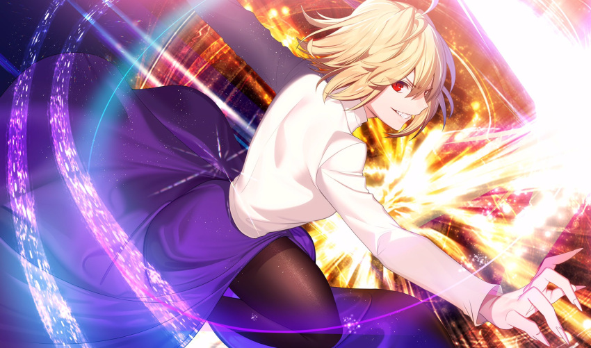 1girl arcueid_brunestud arm_up black_pantyhose blonde_hair blue_skirt glowing grin hair_between_eyes highres light_particles long_sleeves looking_at_viewer melty_blood multicolored_background outstretched_arm pantyhose red_arcueid red_eyes sharp_teeth short_hair skirt smile solo sweater teeth tsukihime tsukimoto_aoi white_sweater