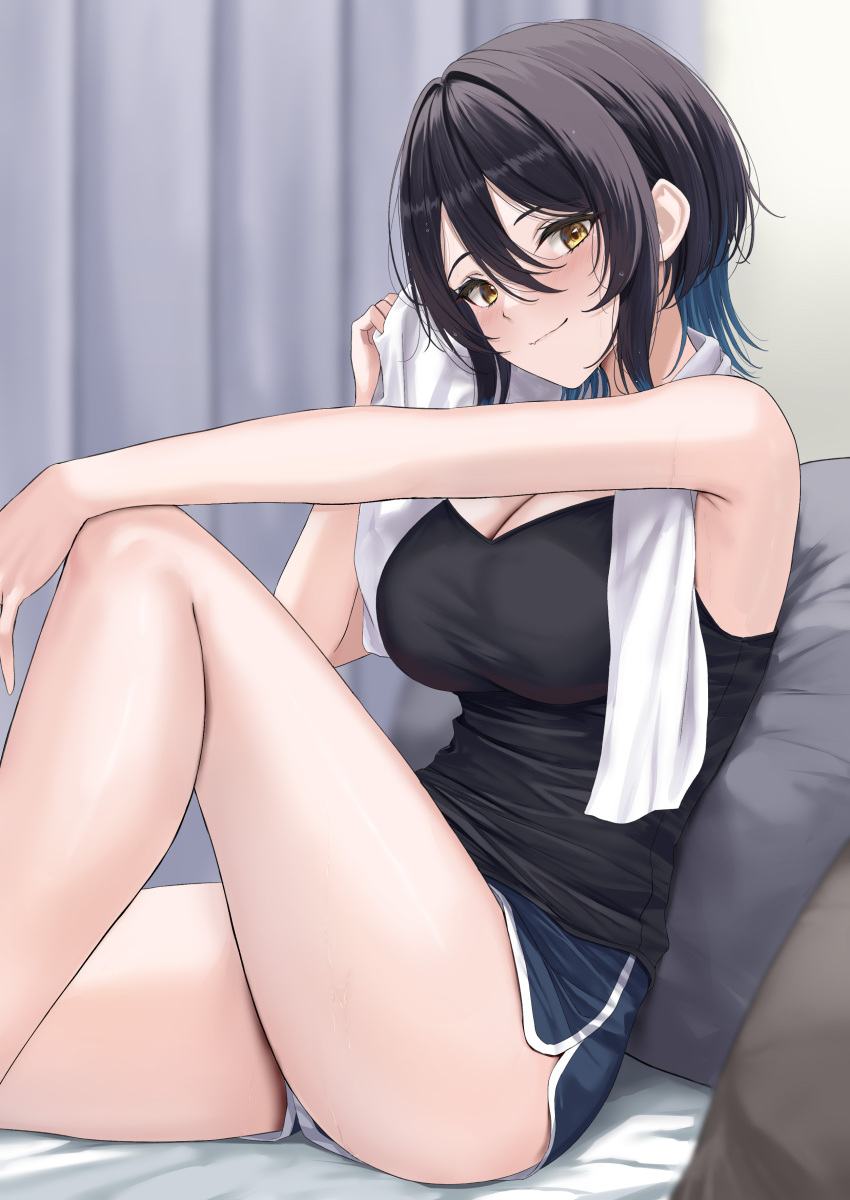 1girl absurdres after_bathing armpits bare_legs black_camisole black_hair blue_shorts blush breasts camisole cleavage commentary_request commission dolphin_shorts feet_out_of_frame hair_between_eyes highres holding holding_towel indoors knee_up large_breasts looking_at_viewer original rama_(yu-light8) short_shorts shorts sitting skeb_commission smile solo towel towel_around_neck white_towel