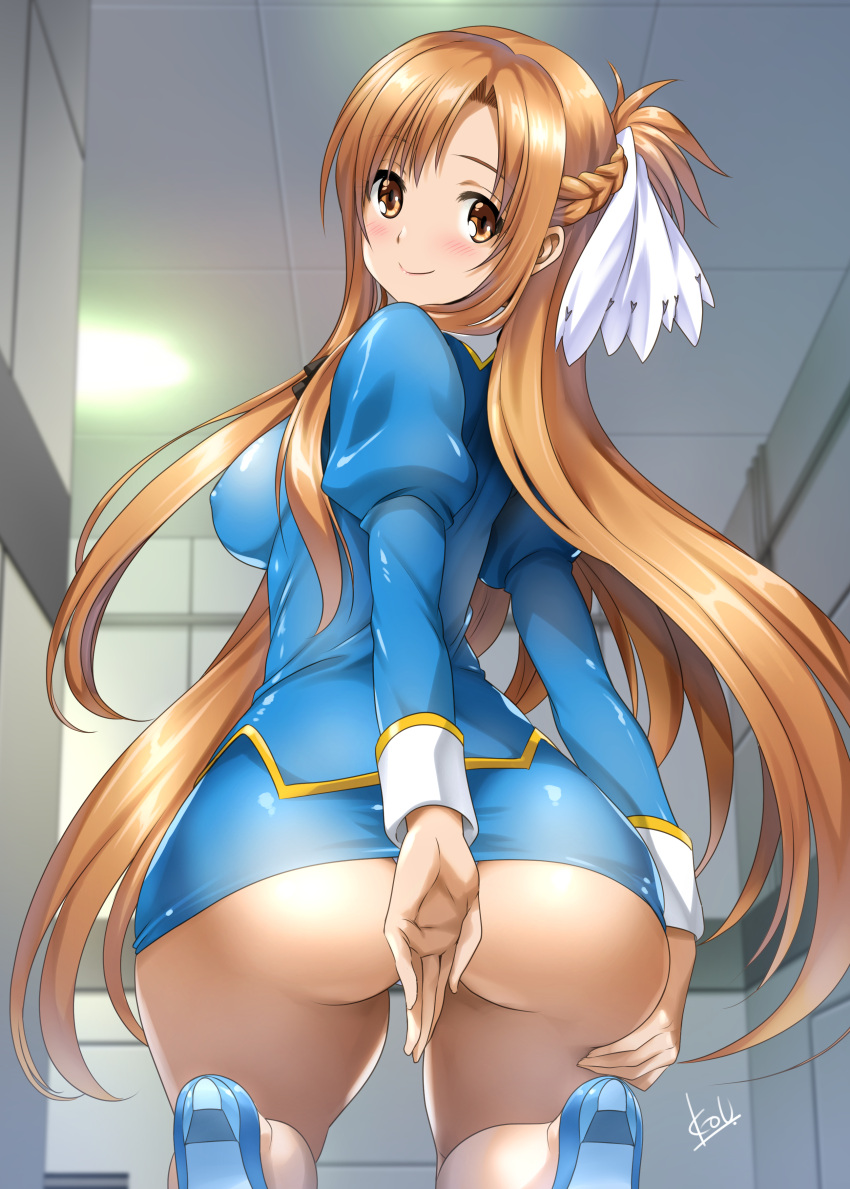1girl absurdres agent_aika aika_(series) ascot ass asuna_(sao) asuna_(stacia) blue_delmo blue_delmo_(cosplay) blue_footwear blue_jacket blue_skirt blush braid breasts brown_eyes brown_hair clothes_lift commission cosplay covered_nipples covering_ass covering_privates crossover french_braid hair_ornament high_heels highres indoors jacket long_hair medium_breasts mitarashi_kousei panties panty_peek signature skeb_commission skirt skirt_lift smile solo squatting sword_art_online sword_art_online:_alicization sword_art_online:_alicization_-_war_of_underworld taut_clothes underwear uniform very_long_hair white_panties