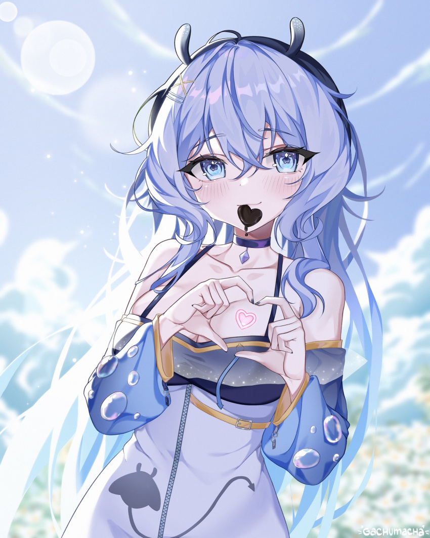 1girl artist_name black_choker blue_eyes blurry blurry_background breasts bubble candy chocolate choker cleavage collarbone flower food food_in_mouth gachumacha grey_nails hair_between_eyes hair_ornament hair_over_shoulder heart heart-shaped_chocolate heart_hands highres indie_virtual_youtuber long_hair manta_ray_girl meadow rei_stingray sky solo stingray virtual_youtuber white_flower x_hair_ornament zipper