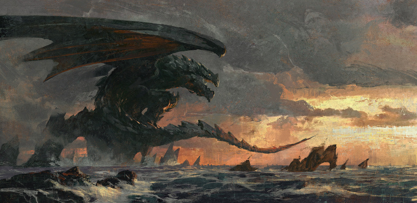 animal_focus cloud cloudy_sky commentary dragon english_commentary fantasy from_side greg_rutkowski highres horizon monster no_humans ocean open_mouth orange_sky original outdoors painterly realistic rock scenery sky sunset tail water western_dragon wings