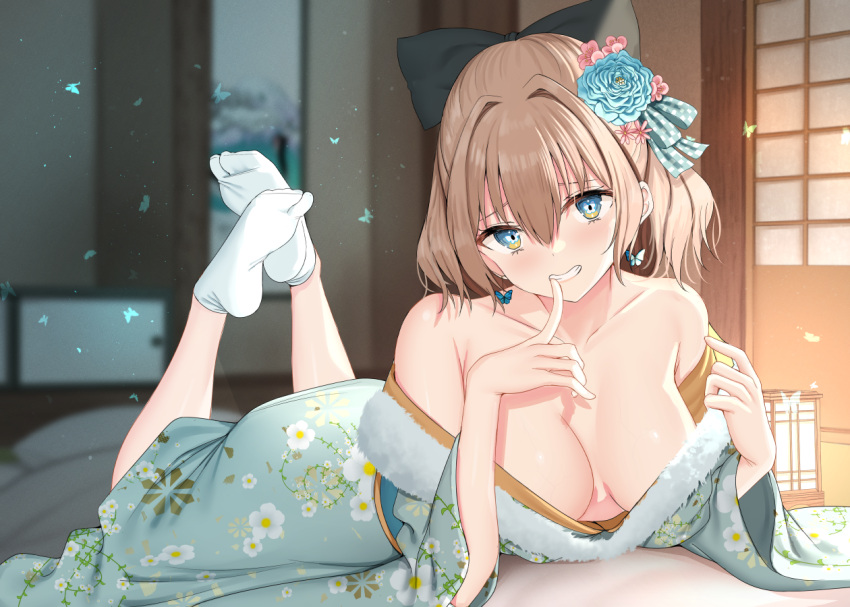 1girl aqua_eyes bare_shoulders black_ribbon blush breasts bug butterfly_earrings cleavage earrings floral_print flower full_body fur-trimmed_kimono fur_trim green_kimono hair_between_eyes hair_flower hair_ornament hair_ribbon indoors japanese_clothes jewelry kanikou kimono lantern large_breasts light_brown_hair lying medium_hair moth obi off_shoulder on_stomach open_clothes open_kimono original paper_lantern print_kimono ribbon sash smile wide_sleeves