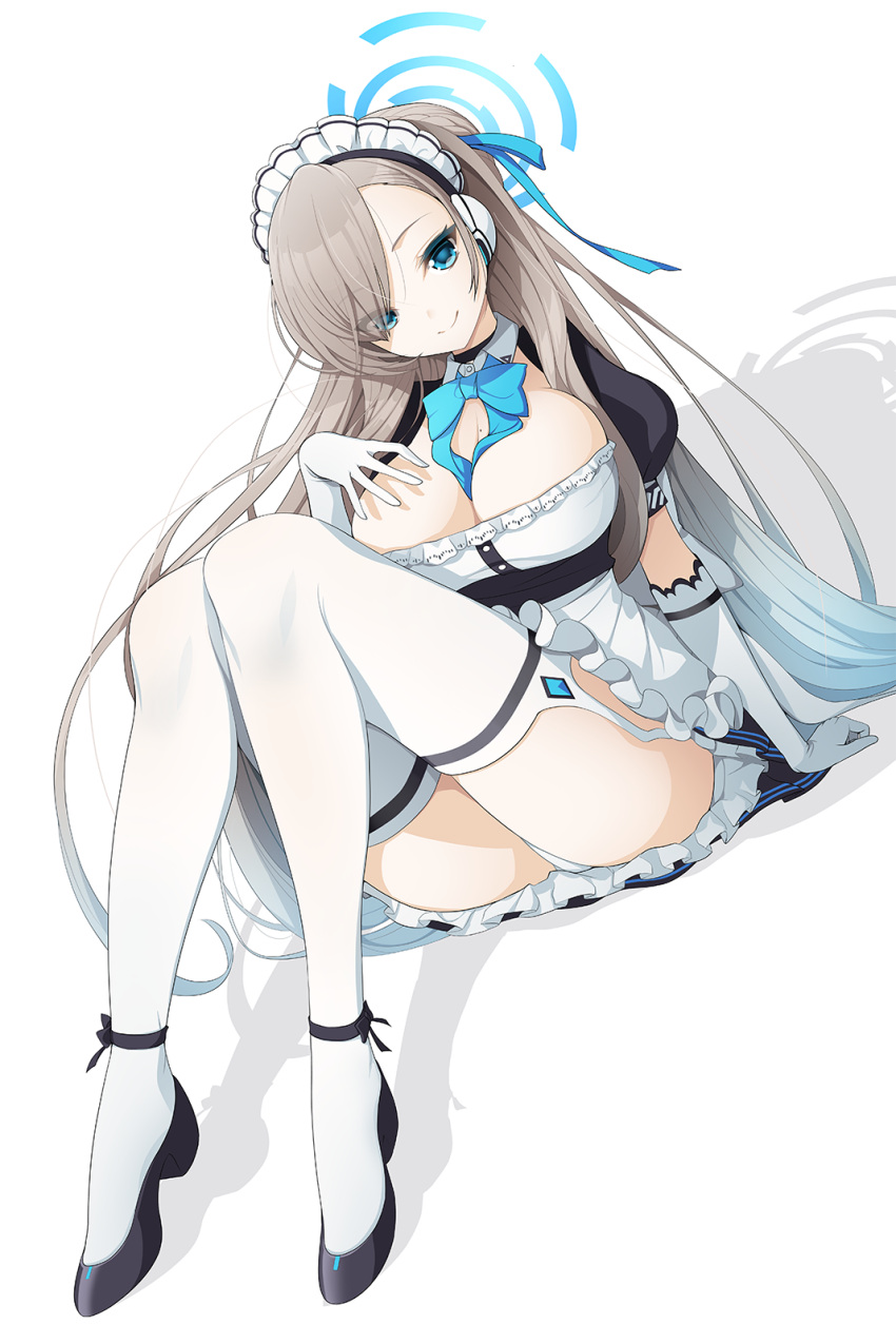 1girl ass asuna_(blue_archive) black_dress black_footwear blue_archive blue_eyes blue_halo blush breasts cleavage closed_mouth dress full_body gloves halo high_heels highres koflif large_breasts light_brown_hair long_hair looking_at_viewer maid maid_headdress mole mole_on_breast short_sleeves simple_background smile solo thighhighs white_background white_gloves white_thighhighs