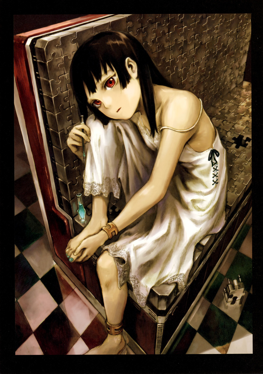 1girl abe_yoshitoshi absurdres anklet aqua_nails bare_shoulders barefoot black_border black_hair blunt_bangs border bracelet checkered_floor dress feet hands_on_feet head_rest highres jewelry long_hair looking_at_viewer nail_polish non-web_source original pedicure puzzle_piece red_eyes reflective_floor scan sitting solo strap_slip toenails toes white_dress