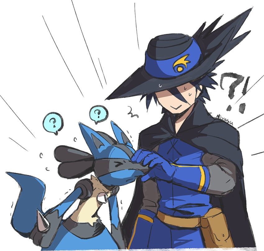 !? &gt;_&lt; 1boy ? artist_name black_cape black_hair blue_fur blue_gloves cape closed_mouth commentary_request gloves hat highres lucario male_focus niyasu pokemon pokemon:_lucario_and_the_mystery_of_mew pokemon_(anime) pokemon_(creature) pokemon_rse_(anime) short_hair simple_background sir_aaron spikes spoken_question_mark tail white_background