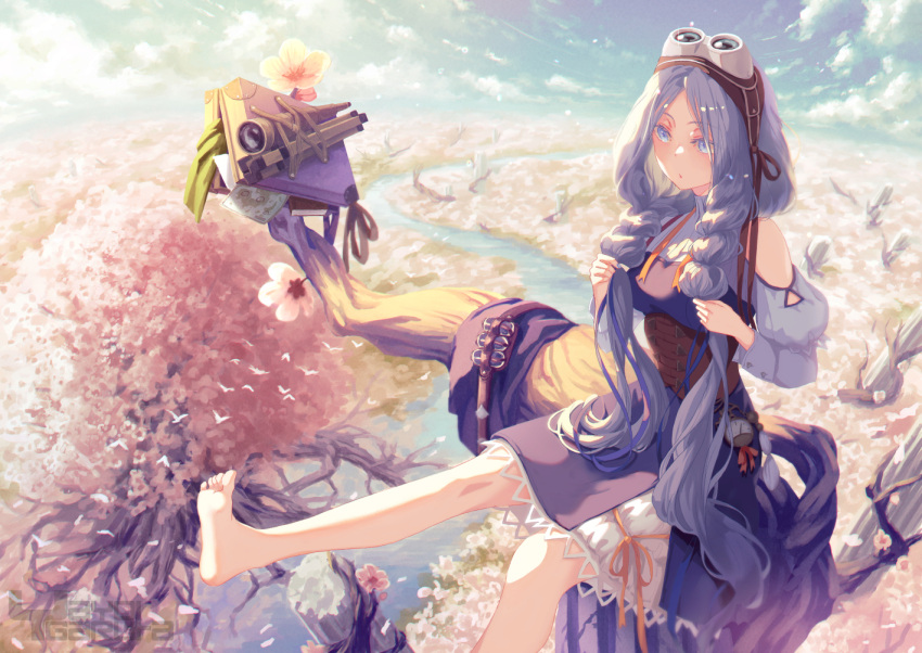 1girl barefoot blue_eyes breasts cherry_blossoms cloud day flower garutaisa goggles goggles_on_head grey_hair long_hair medium_breasts on_branch original outdoors telescope tree very_long_hair