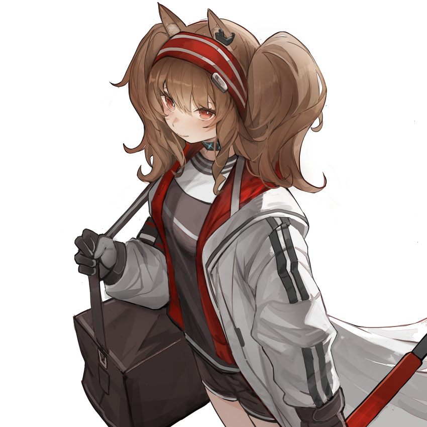 1girl absurdres angelina_(arknights) animal_ears arknights bag black_bag black_collar black_gloves brown_hair closed_mouth coat collar duffel_bag earpiece fox_ears fox_girl gloves hairband hashtag_only_commentary highres holding holding_staff infection_monitor_(arknights) jacket long_hair long_sleeves looking_at_viewer material_growth open_clothes open_coat oripathy_lesion_(arknights) red_eyes red_hairband roupo99 shirt shorts simple_background sky smile solo staff striped_clothes striped_hairband twintails two-tone_hairband white_background white_coat