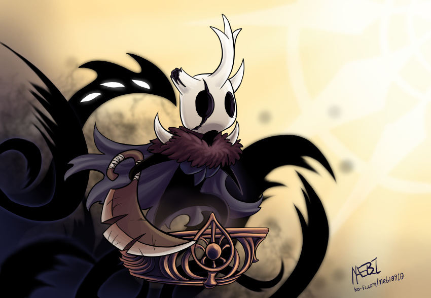 2023 3_horns absurd_res ambiguous_gender anthro bandage black_body blue_clothing blue_robe broken_horn broken_mask broken_weapon clothing colored fan_character featureless_crotch fur_coat hi_res holding_object holding_sword holding_weapon hollow_knight horn ko-fi light lighting looking_away mask mebi melee_weapon multi_horn obscured_eyes robe shaded shadow shadow_creature signature simple_background simple_shading solo standing sword team_cherry vessel_(species) weapon white_mask yellow_background