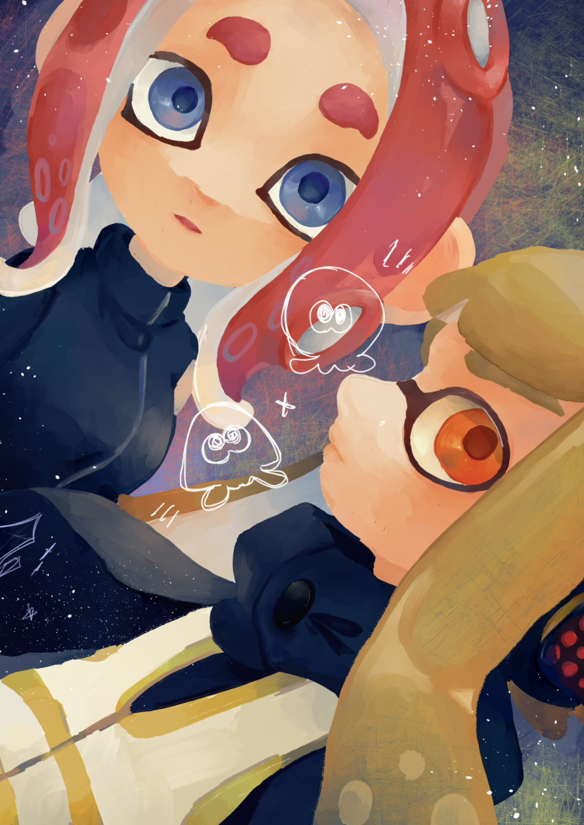 2girls agent_3_(splatoon) agent_8_(splatoon) black_jacket blonde_hair blue_eyes closed_mouth commentary_request haru_2838 headphones highres inkling inkling_girl inkling_player_character jacket long_hair medium_hair multiple_girls octoling octoling_girl octoling_player_character octopus open_mouth parted_lips red_eyes red_hair splatoon_(series) splatoon_1 splatoon_2 splatoon_2:_octo_expansion squid tentacle_hair thick_eyebrows