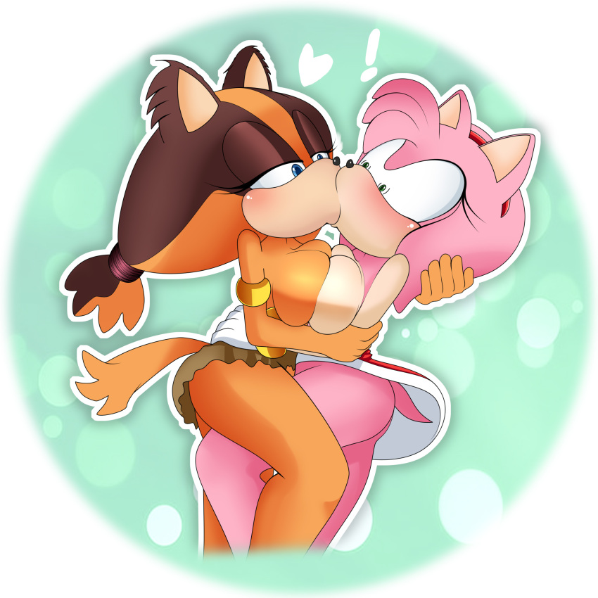 absurd_res amy_rose anthro anthro_on_anthro badger blush breast_squish breasts duo eulipotyphlan eye_contact female female/female heart_symbol hedgehog hi_res kiss_on_lips kissing lluanhyperzero looking_at_another mammal mustelid musteline narrowed_eyes sega simple_background sonic_boom sonic_the_hedgehog_(series) squish sticks_the_jungle_badger surprised_expression tail wide_eyed