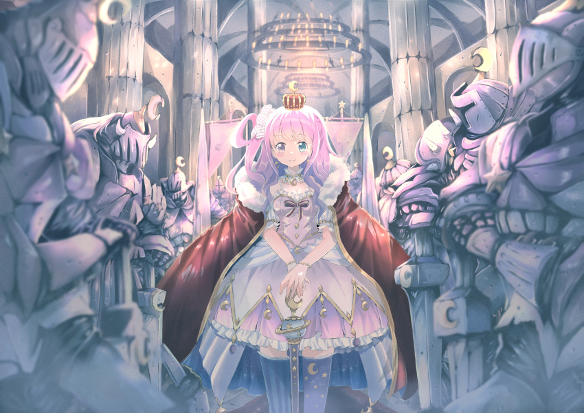1girl 6+boys absurdres ahoge armor banner chandelier crescent crescent_earrings crescent_necklace crown doriko666 earrings full_armor gauntlets gradient_hair green_eyes helmet heterochromia highres himemori_luna hololive indoors jewelry knight long_hair looking_at_viewer luknight_(himemori_luna) mini_crown multicolored_hair multiple_boys necklace pink_hair princess purple_eyes purple_hair single_hair_ring smile staff sword virtual_youtuber weapon