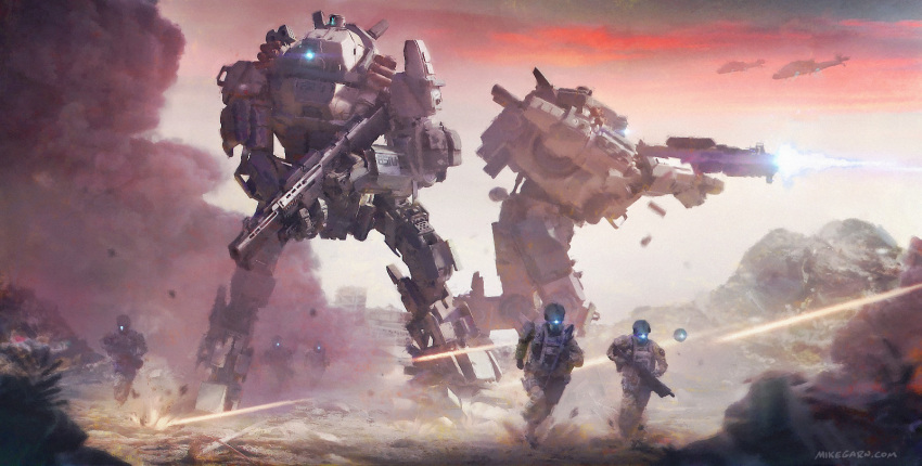 5boys aircraft concept_art english_commentary firing gun helicopter helmet highres holding holding_gun holding_weapon looking_to_the_side mecha mike_garn multiple_boys robot running science_fiction shell_casing soldier titan_(titanfall) titanfall titanfall_(series) weapon