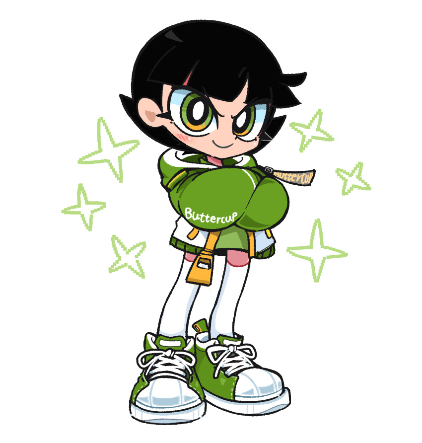 &gt;:) 1girl black_hair blunt_bangs blush buttercup_(ppg) character_name commentary dress english_commentary green_dress green_eyes green_footwear green_hoodie highres hood hoodie kim_crab looking_at_viewer powerpuff_girls shoes short_bangs short_dress short_hair simple_background smile sneakers solo sparkle standing thighhighs v-shaped_eyebrows very_big_eyes white_background white_thighhighs zettai_ryouiki