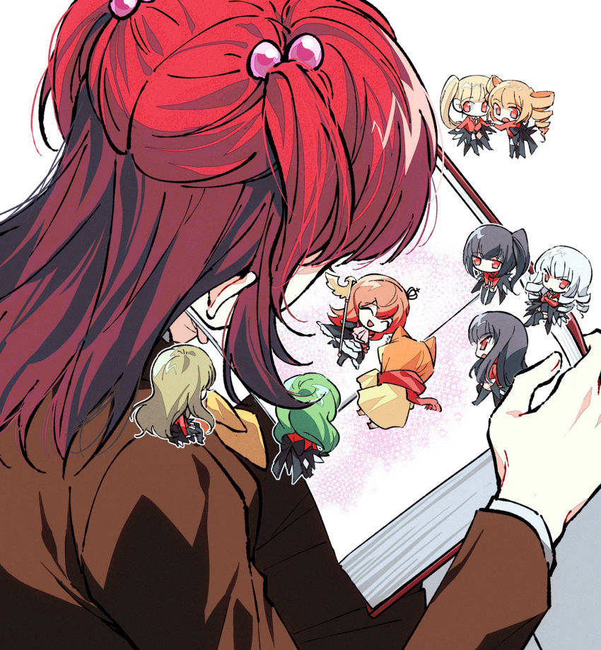 1boy 6+girls ako_(eanaaati1) animal_hood ascot asmodeus_(umineko) beelzebub_(umineko) belphegor_(umineko) black_dress black_hair black_shirt blonde_hair book brown_hair brown_jacket cat_hood chibi closed_eyes closed_mouth commentary crown dress drill_hair green_hair highres holding holding_hands holding_staff hood jacket leviathan_(umineko) long_hair looking_down lucifer_(umineko) mammon_(umineko) maria_(umineko) mini_crown multiple_girls necktie open_book open_mouth pink_ascot red_eyes red_hair red_scarf red_shirt sakutarou_(umineko) satan_(umineko) scarf shirt short_hair side_ponytail sidelocks sleeves_past_fingers sleeves_past_wrists staff symbol-only_commentary umineko_no_naku_koro_ni ushiromiya_ange ushiromiya_maria white_hair yellow_necktie