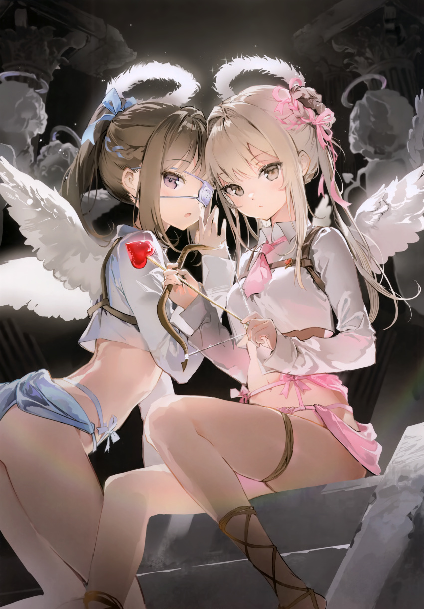 2girls absurdres angel_wings anmi arrow_(projectile) bow_(weapon) brown_hair chest_harness comiket_103 crop_top cupid expressionless eyepatch feathered_wings hair_intakes halo harness heart heart_arrow highres kneeling long_sleeves looking_at_viewer medical_eyepatch medium_hair multiple_girls necktie non-web_source one_eye_covered original pink_necktie scan shirt short_necktie sitting weapon whispering white_hair white_halo white_shirt white_wings wings